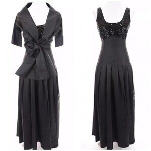 Calvin Klein Long Formal Black Sequin Pleated Ball Gown Dress Jacket Set Sz 6